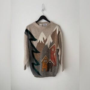 Vintage Tony Lambert Sweater silk Angora Blend Scenic Mountain Cabin Knit Small